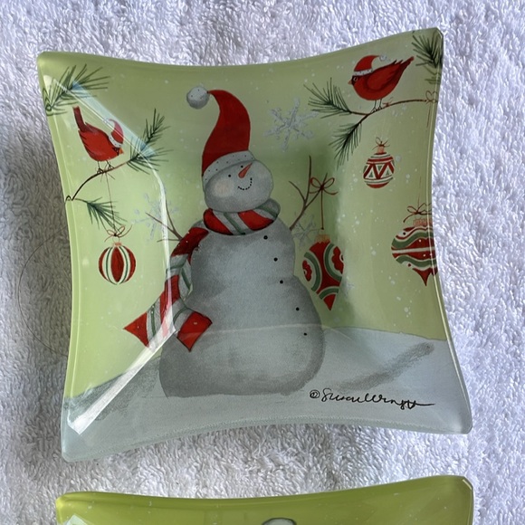 Susan Winget Square 5 set Glass Bowl JOY Candy Cane Snowman Cardinal Candy Salad - Picture 6 of 9